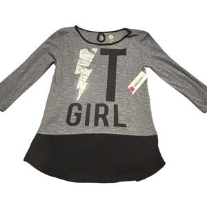 Total Girl Top L Gray Black Long Sleeve Sparkle Lightning Bolt‎ Tee Shirt
